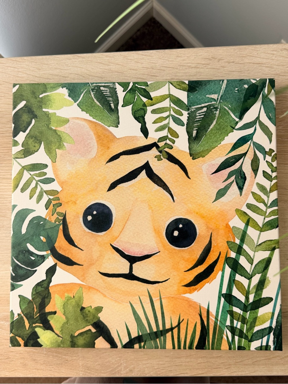 Whimsical Tiger Cub Jungle Canvas Art - Orange & Green 12x12 in